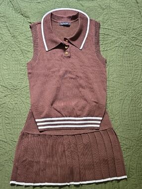 Sleeveless Brown Polo Knit Skirt Set